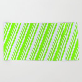 [ Thumbnail: Green & Lavender Colored Striped/Lined Pattern Beach Towel ]