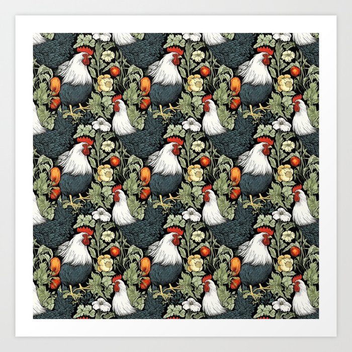 Roosters in a Garden Art Print