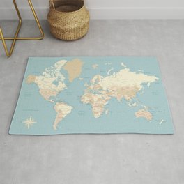 Cream, brown and muted teal world map, "Jett" Rug