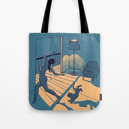 Dancing with the cat | Blue Moody sunset light and shadows Aesthetic room | Naked dance Femme Fatale Tote Bag