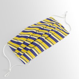 [ Thumbnail: Mint Cream, Midnight Blue & Yellow Colored Lines/Stripes Pattern Face Mask ]