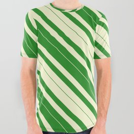 [ Thumbnail: Light Yellow & Forest Green Colored Lined/Striped Pattern All Over Graphic Tee ]