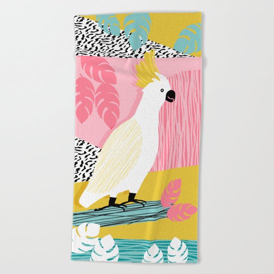 FeelFree - memphis throwback retro bird tropical nature animal parrot cockatoo 1980s 80s pop art Beach Towel