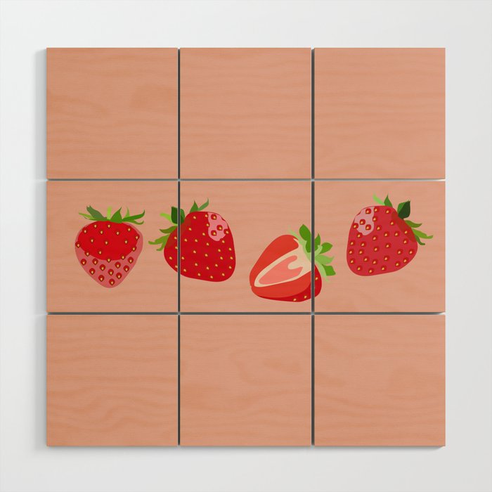 Strawberry - Colorful Summer Vibes Berry Art Design on Red Wood Wall Art