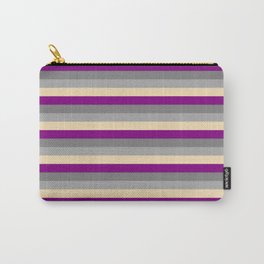 [ Thumbnail: Purple, Gray, Dark Grey, and Tan Colored Lined Pattern Carry-All Pouch ]