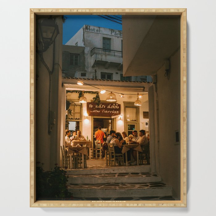 An Evening in the Greek Streets of Naxos | Warm Yellow Cafe in Dark Blue Night | Summer Nights with Dinner in South Europe | Travel Photography Serving Tray