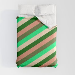 [ Thumbnail: Eye-catching Green, Bisque, Dark Green, Dark Salmon & Dark Olive Green Colored Lined/Striped Pattern Comforter ]