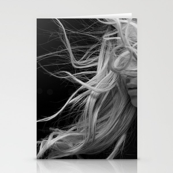 Blond with the wind in her hair black and white portrait photograph / photography / photographs Stationery Cards