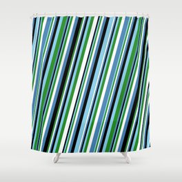 [ Thumbnail: Eye-catching Sky Blue, Forest Green, White, Blue & Black Colored Lined Pattern Shower Curtain ]