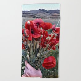 Surreal red poppy bouquet in woman hand remembrance flowers Beach Towel