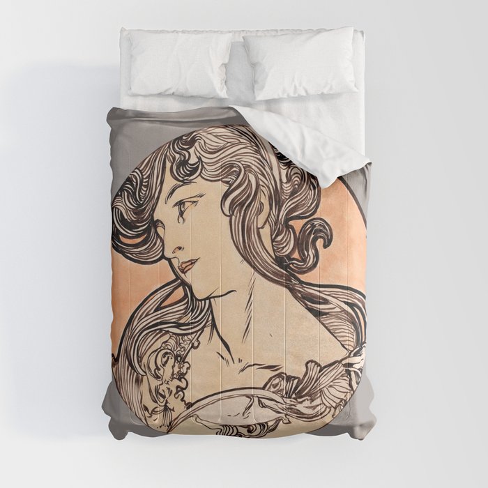 Art Nouveau Portrait of Woman II by Alphonse Mucha (Dark Greige Background) Comforter