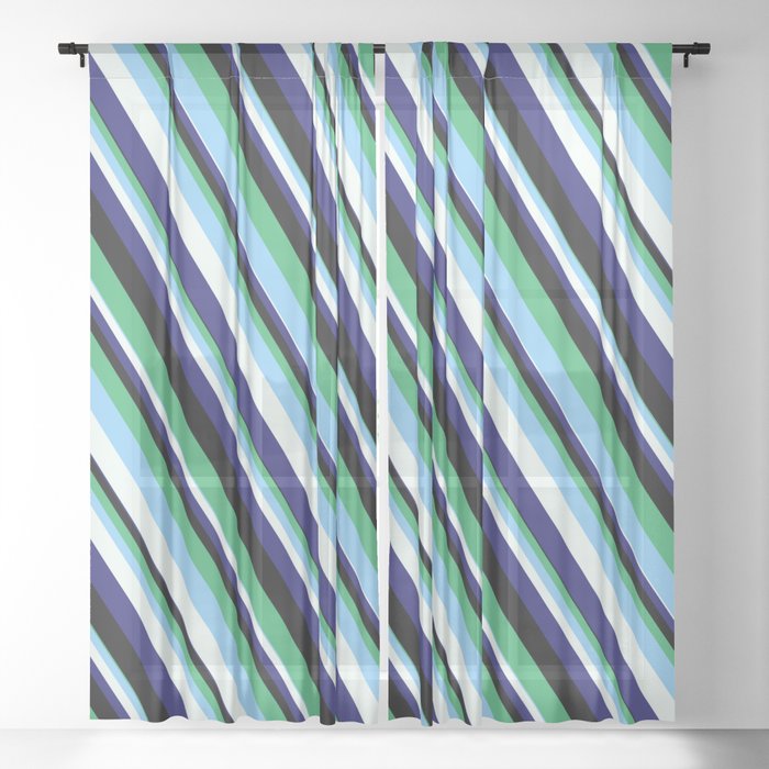Eye-catching Sea Green, Light Sky Blue, Mint Cream, Midnight Blue, and Black Colored Lined Pattern Sheer Curtain