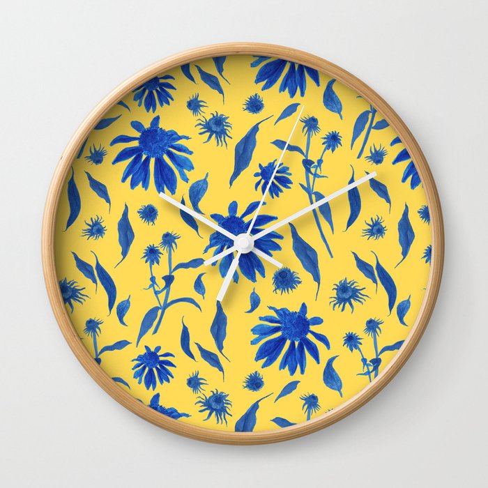 Elegant Blue Yellow Cone Flowers Floral Pattern Wall Clock
