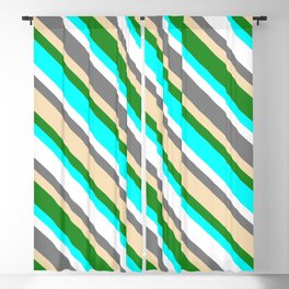 [ Thumbnail: Colorful Grey, Tan, Forest Green, Aqua & White Colored Pattern of Stripes Blackout Curtain ]