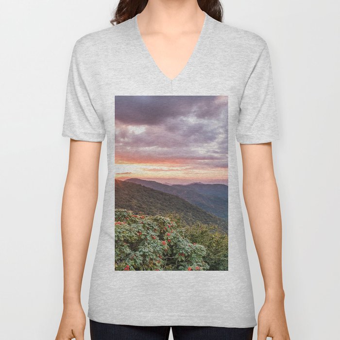 Blue Ridge Mountains - Berry Sunset V Neck T Shirt