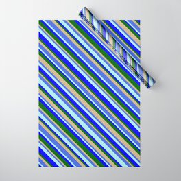 [ Thumbnail: Eye-catching Tan, Royal Blue, Turquoise, Blue & Dark Green Colored Pattern of Stripes Wrapping Paper ]