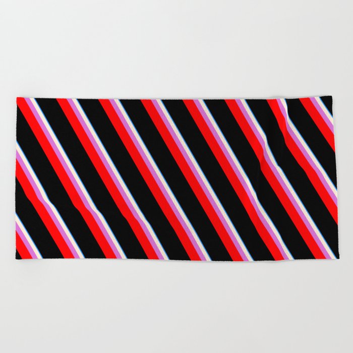 Eyecatching Blue, Beige, Orchid, Red & Black Colored Lines/Stripes Pattern Beach Towel