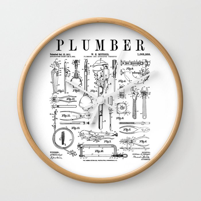 Plumber Plumbing Wrench And Tools Vintage Patent Print Wall Clock