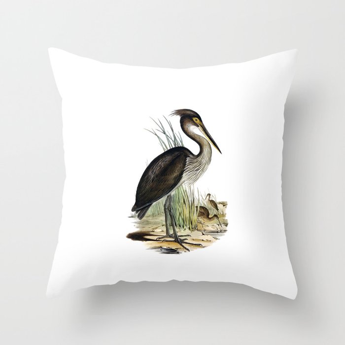Vintage Great Billed Heron Bird Illustration Throw Pillow