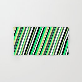 [ Thumbnail: Vibrant Green, Tan, Dark Slate Gray, White, and Black Colored Striped/Lined Pattern Hand & Bath Towel ]