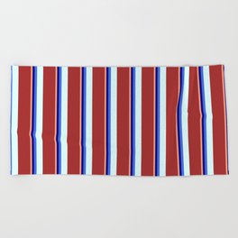 [ Thumbnail: Eyecatching Light Salmon, Blue, Royal Blue, Light Cyan, and Brown Colored Lined/Striped Pattern Beach Towel ]
