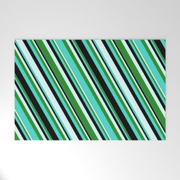 [ Thumbnail: Turquoise, Black, Light Cyan, and Forest Green Colored Stripes Pattern Welcome Mat ]