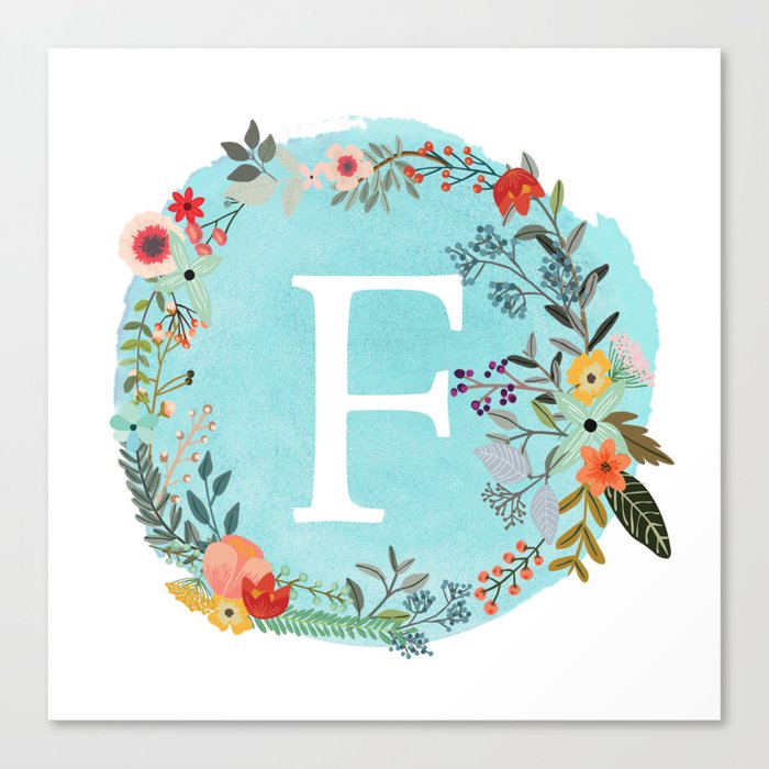 Personalized Monogram Initial Letter F Blue Watercolor Flower
