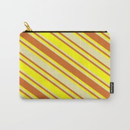 [ Thumbnail: Pale Goldenrod, Chocolate, and Yellow Colored Lined/Striped Pattern Carry-All Pouch ]