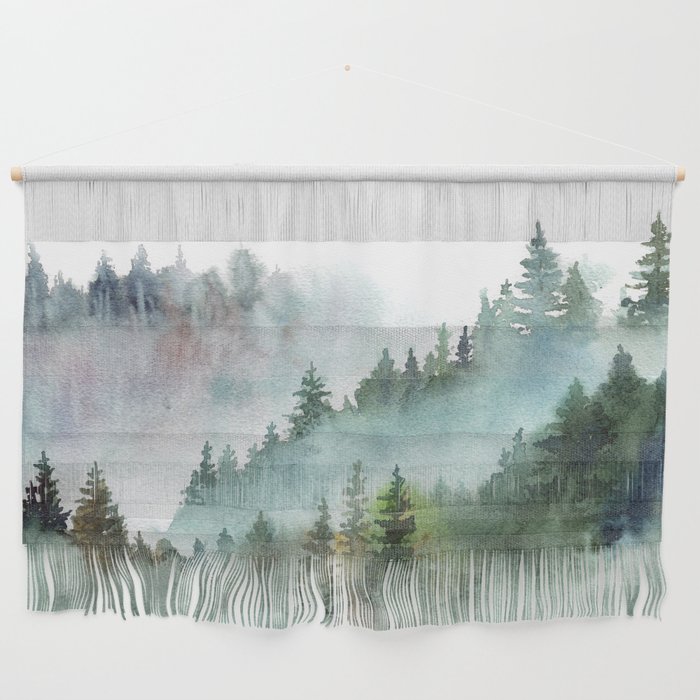 Watercolor Pine Forest Mountains in the Fog Wall Hanging