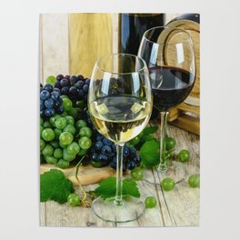 Glasses of Wine plus Grapes and Barrel Poster