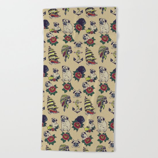 Pugs and the sea Beach Towel