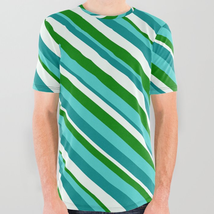 Turquoise, Dark Cyan, Mint Cream, and Green Colored Lined Pattern All Over Graphic Tee