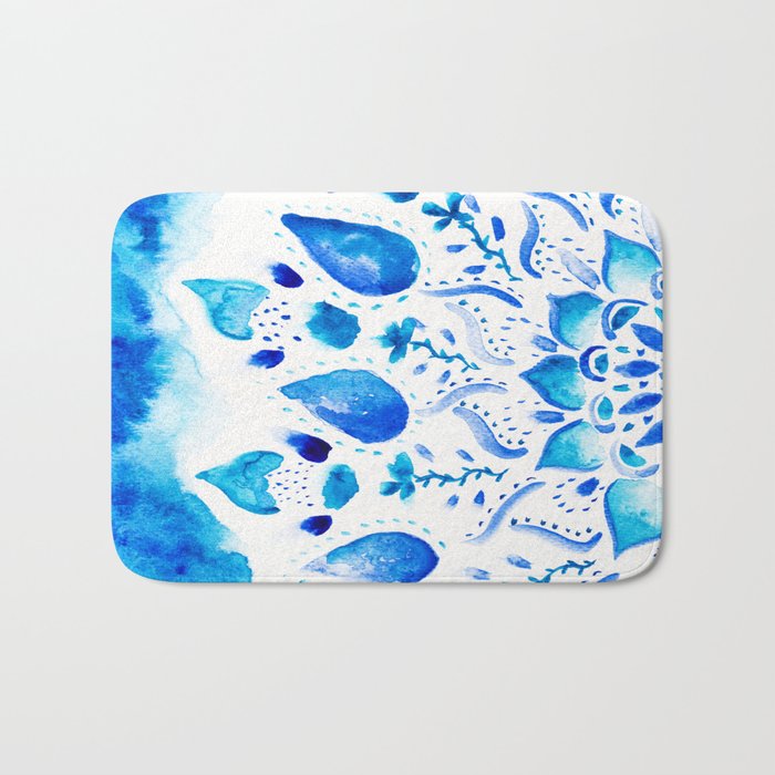 Boho china blue mandala floral watercolor pattern Bath Mat