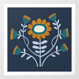 Arts and Crafts Folk Floral - Caramel and teal on Navy by Cecca Designs Art Print | Lightblue, Flowers, Christmasgift, Floral, Drawing, Teal, Pattern, Stockingfiller, Stockingstuffer, Birthdaycard 