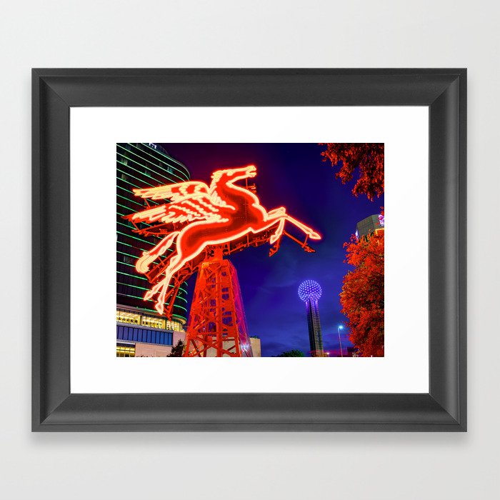 Dallas Flying Red Pegasus and Reunion Tower at Dusk Framed Art Print