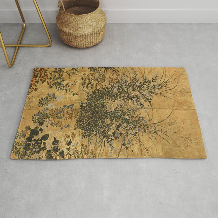 Vintage Japanese Floral Gold Leaf Screen With Morning Glory Rug