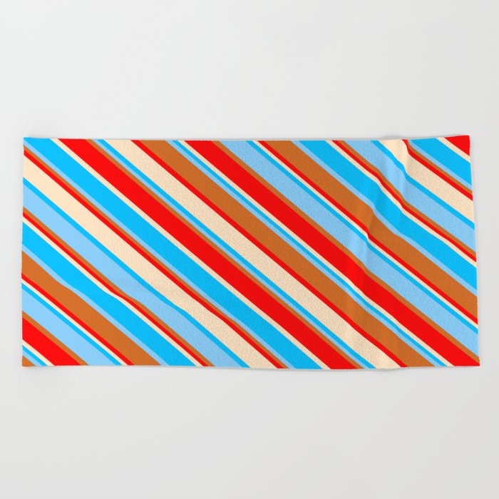 Vibrant Deep Sky Blue, Light Sky Blue, Chocolate, Red & Bisque Colored Striped/Lined Pattern Beach Towel