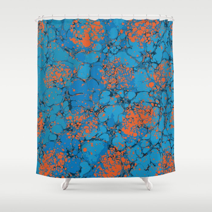 Boho dots and spots orange on blue Shower Curtain