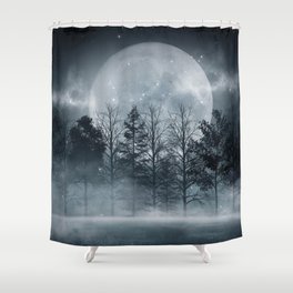 Dark forest. Gloomy dark scene with trees, big moon, moonlight. Smoke, shadow. Abstract dark, cold street background. Night view.  Shower Curtain