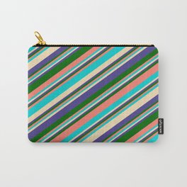 [ Thumbnail: Colorful Salmon, Dark Turquoise, Tan, Dark Slate Blue & Dark Green Colored Lines/Stripes Pattern Carry-All Pouch ]