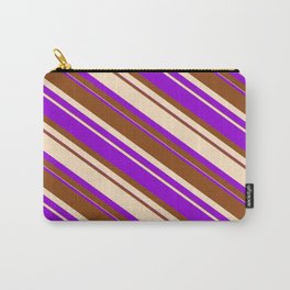 [ Thumbnail: Dark Violet, Brown & Bisque Colored Striped Pattern Carry-All Pouch ]
