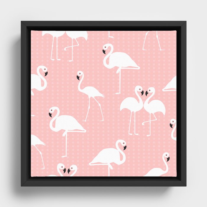 Tropical Bird Flamingos seamless pattern - White with doted background Framed Canvas