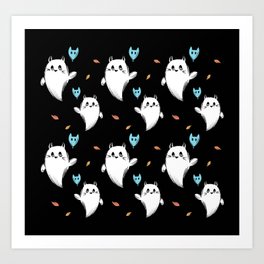 Cute Cat Ghost and Balloon, Black Background Art Print | Digital, Cutehalloween, Halloweenart, Kitten, Ink, Graphicdesign, Shaireprod, Shaireproductions, Cartooncat, Kitty 