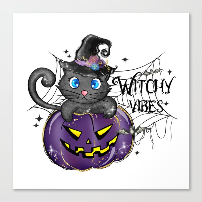 Witchy vibes funny witch cat Halloween Canvas Print