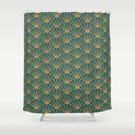 Geometric seamless pattern with golden lines. Green background in art deco style. Shower Curtain