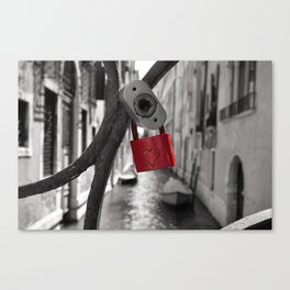 Red Locker Heart Love on a bridge Black and White in Venice Canvas Print