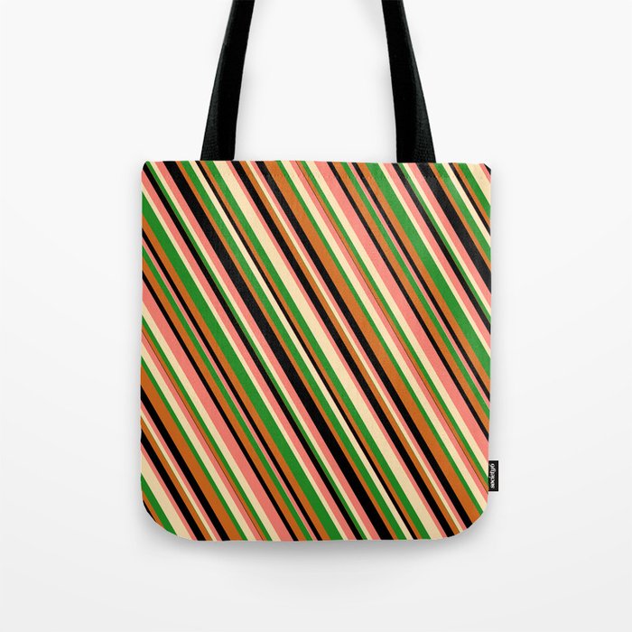 Eye-catching Salmon, Beige, Forest Green, Chocolate, and Black Colored Lines/Stripes Pattern Tote Bag