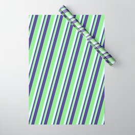[ Thumbnail: Dark Slate Blue, Light Green & Light Cyan Colored Lined Pattern Wrapping Paper ]