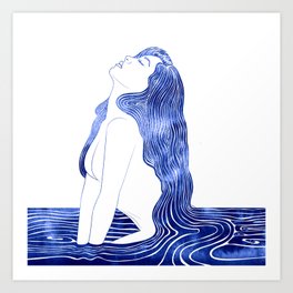 Nereid XXIII Kunstdrucke | Water, Female, Watercolor, Blue, Nymph, Selkie, Nereid, Girl, Nude, Siren 