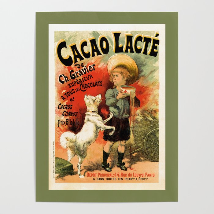 Vintage French hot chocolate advert, boy, white dog Poster
